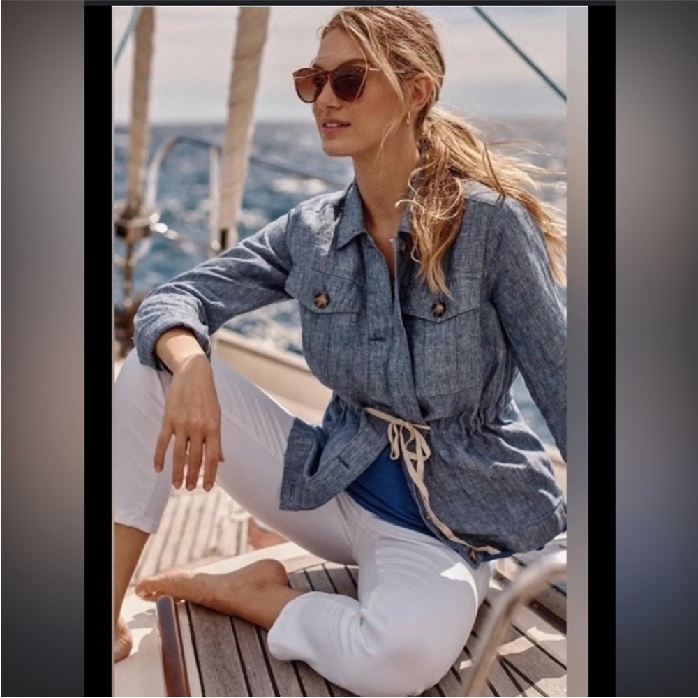 J. Jill Love Linen Button Front Utility Jacket Coastal Nautical Blue Chambray SP
